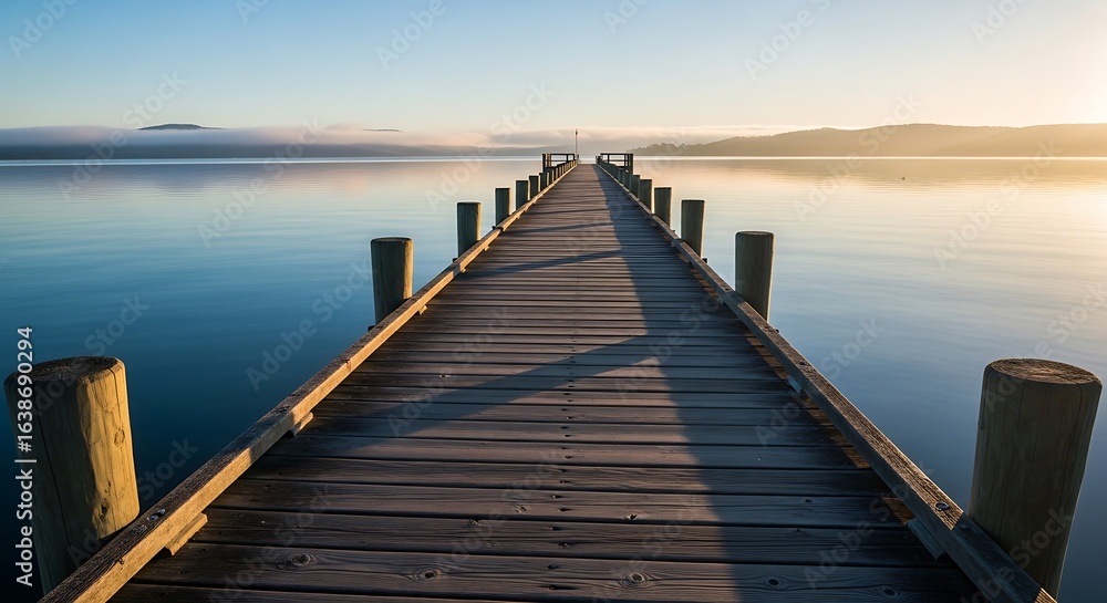 Fototapeta premium Wooden pier stretching into a calm, reflective lake under a clear sky during a beautiful sunrise