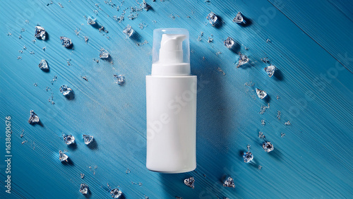 White blank spray bottle mockup with crushed ice and blue color scheme