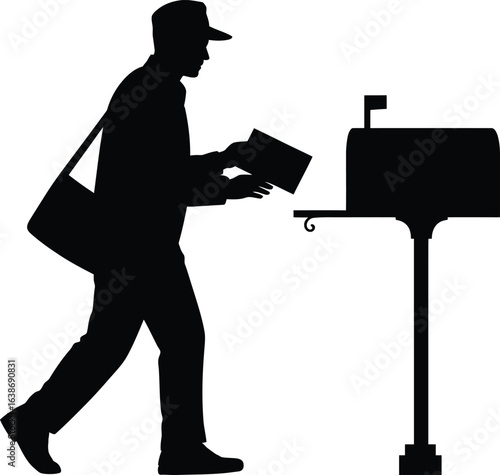 Mailman Delivering Letter to Mailbox Silhouette Vector Illustration