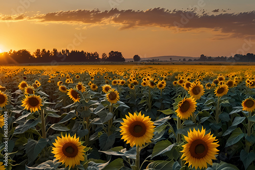 Wallpaper Mural A wide panoramic view of a sunflower field under a golden sunset Torontodigital.ca