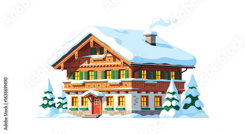 Illustration of a two story wooden chalet with snow covered roof and trees in a winter scene