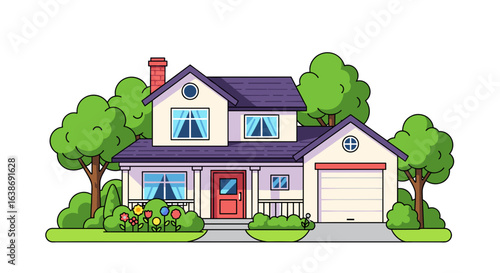 Illustration of a two story house with a purple roof surrounded by green trees and shrubbery