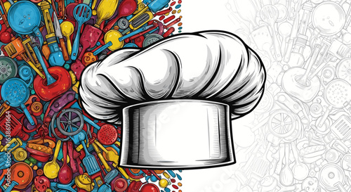 Chef's hat illustration with colorful kitchen utensils and monochrome kitchen tools background design