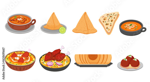 Illustration showing a variety of indian dishes including curry, samosas, biryani, and dosa food items