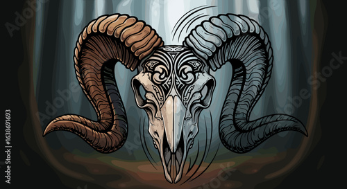 Illustrated ram skull with decorative tribal markings and curved horns against a blurred backdrop