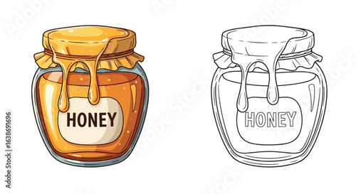 Illustration of two honey jars one filled with honey and one in outline style on white background