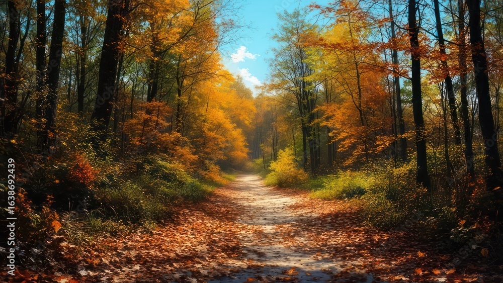 Fototapeta premium Autumn Forest Path: Golden Foliage, Sunlight, Serene Nature Scene.