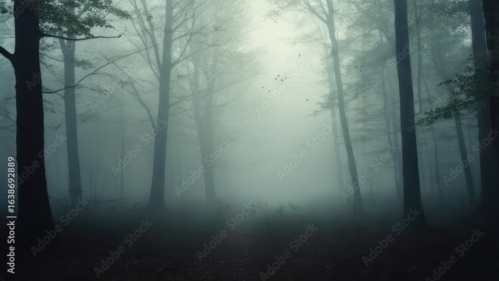 Fototapeta premium Mysterious Fog-Shrouded Forest with Silhouetted Trees and Distant Birds at Dawn
