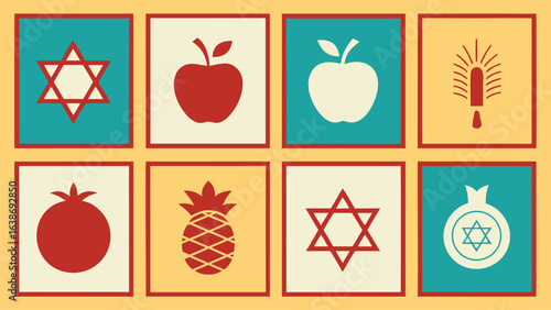Collection of Jewish symbols including Star of David, apples, pomegranate and menorah Magen David