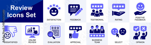 Review icons set for satisfaction feedback testimonial rating approval opinion online review business & evaluation