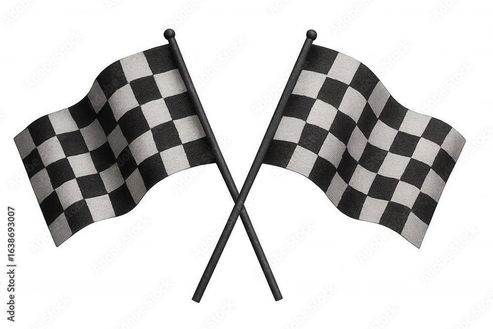 Fototapeta premium Two checkered flags waving on transparent background, representing motorsport, racing, competition, and victory