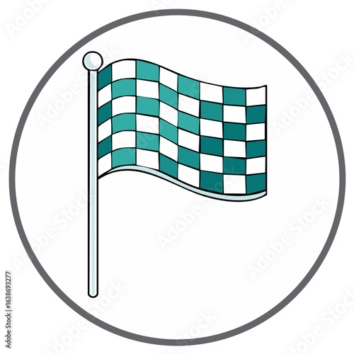 Checkered Racing Flag Symbol: Cartoon Style, Waving Banner in Green and White