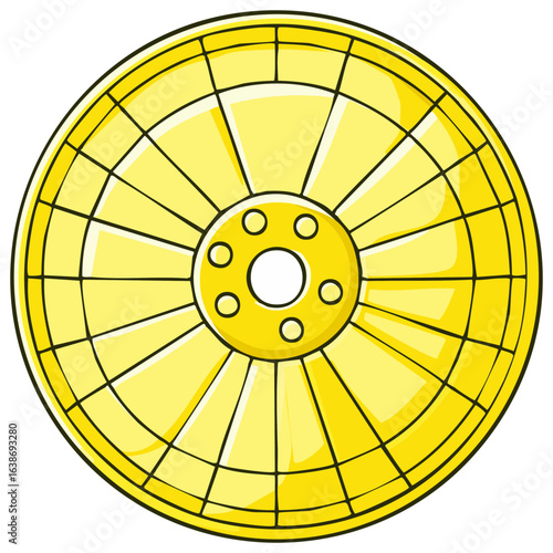 Bright yellow circular wheel with a central hub and spokes, cartoon style