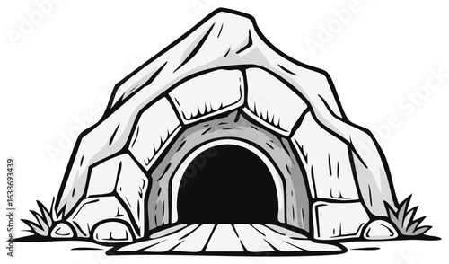 Cartoon Cave Entrance with Stone Blocks, Wooden Path, and Grass Illustration