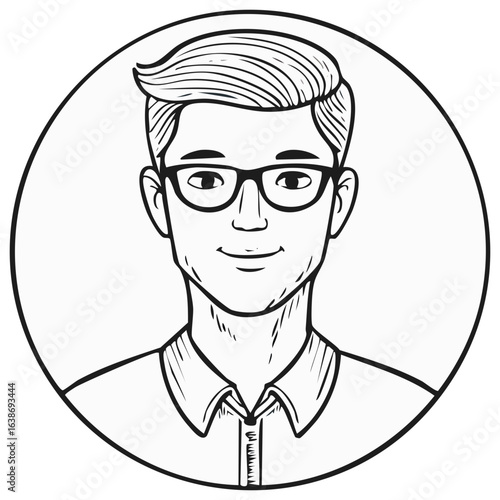Illustration of Man with Glasses, Wearing a Collared Shirt, Black and White Outline, Portrait Inside a Circle
