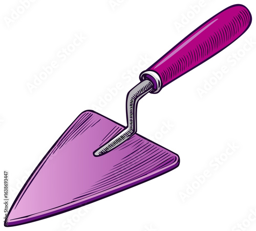 Detailed drawing of a purple triangular pointing garden trowel tool, used for planting, vector illustration