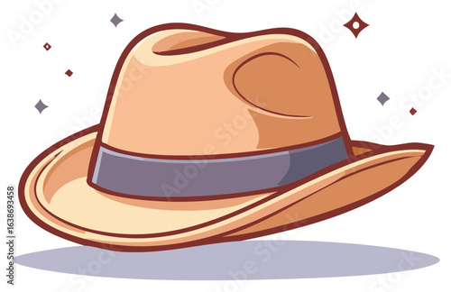 Classic Tan Fedora Hat Vector Illustration with Grey Band and Sparkles