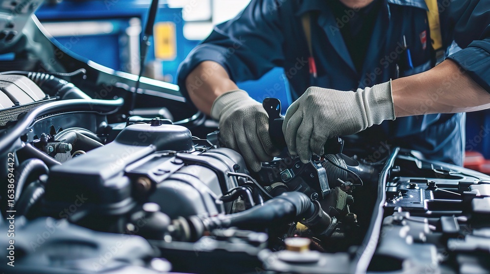 Engine repairman working on a car engine, using tools like sockets and ratchets to fix parts, checking spark plugs and hoses, wearing a mechanic’s uniform and gloves in an auto repair shop Engine repairman working on a car engine, using tools like sockets and ratchets to fix parts, checking spark plugs and hoses, wearing a mechanic’s uniform and gloves in an auto repair shop