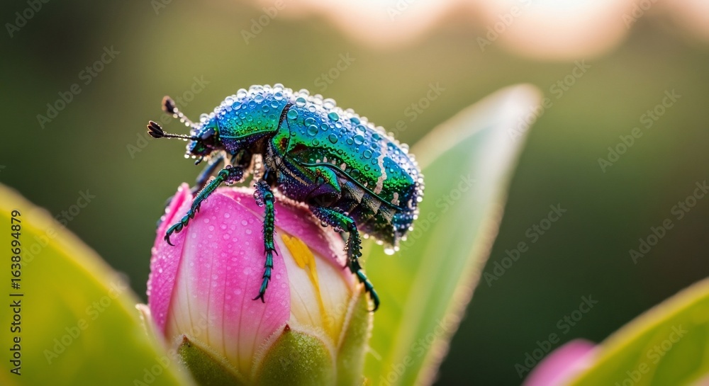 Fototapeta premium Iridescent Beetle Covered in Dew Drops on a Pink Flower Bud
