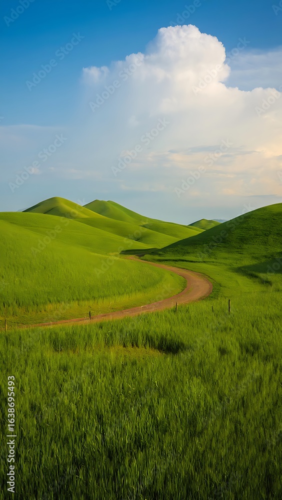 Fototapeta premium Rolling Green Hills and Winding Dirt Road under a Blue Sky with Fluffy White Clouds a Serene Landscape Photography
