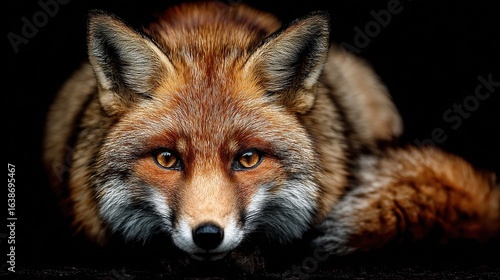Close-up of a red fox, intense gaze, rich fur colors against dark background