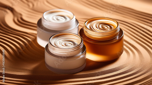 Cosmetic jars with swirl motif on sandy surface in natural light