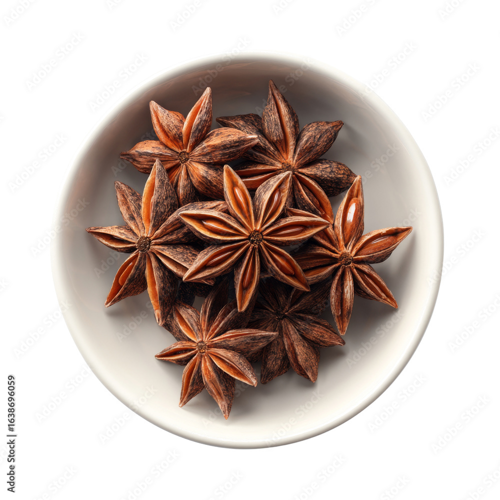 Star anise spices arranged in white bowl, showcasing their unique star shaped design and rich brown color, perfect for culinary use Star anise spices arranged in white bowl, showcasing their unique star shaped design and rich brown color, perfect for culinary use