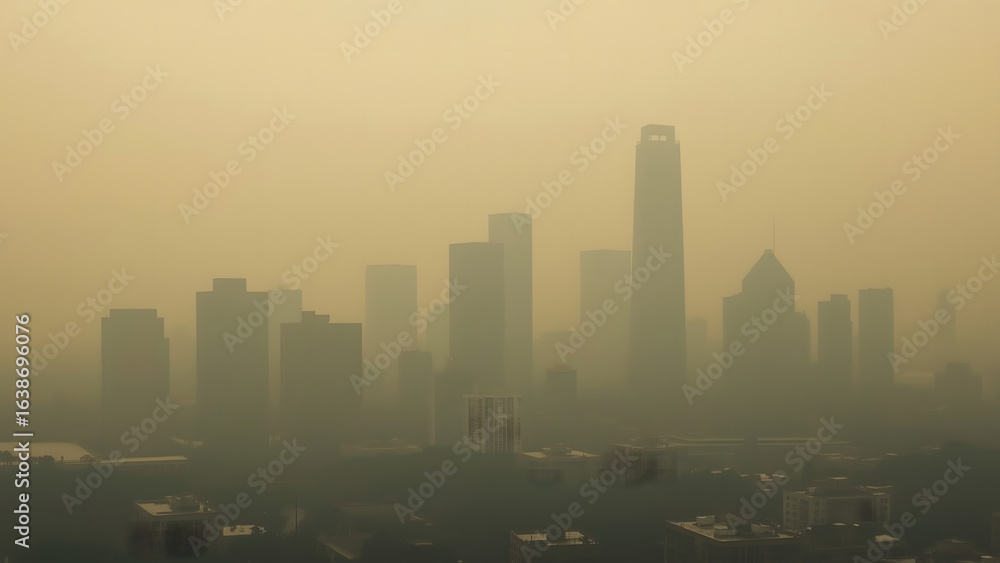 Fototapeta premium Smog-shrouded cityscape, hazy skyline, urban pollution, distant buildings barely visible.