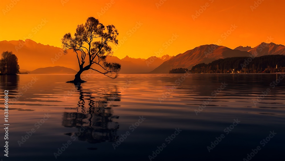 Spectacular Sunrise Over Lake Wanaka New Zealand Silhouette Tree Reflection and Majestic Mountains Landscape Photography Serene Nature Scene Spectacular Sunrise Over Lake Wanaka New Zealand Silhouette Tree Reflection and Majestic Mountains Landscape Photography Serene Nature Scene