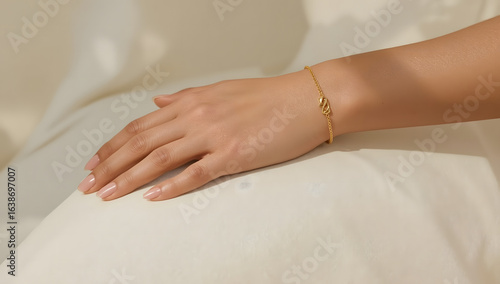 Wallpaper Mural A person's hand adorned with a delicate gold bracelet, resting on a soft, white surface. Torontodigital.ca