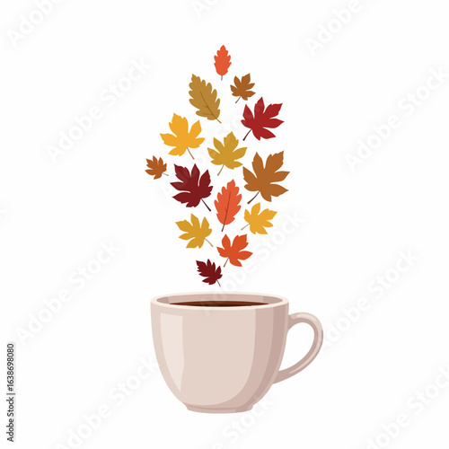 Warm cup of coffee releases vibrant autumn leaves creating cozy fall atmosphere