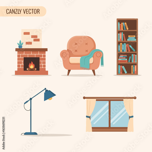 Cozy living room elements including armchair, bookshelf, fireplace, lamp, and window with curtains