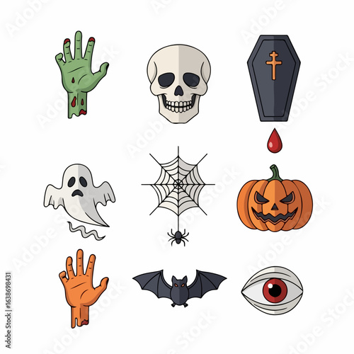 Spooky Halloween icons set for festive holiday designs and frightening celebrations