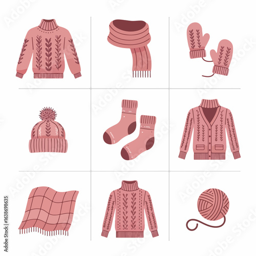 Cozy winter knitwear essentials including sweaters, scarves, hats, socks, and mittens for warmth and style