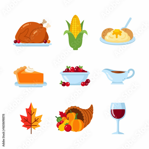 Celebrate Thanksgiving with a feast of delicious food icons perfect for seasonal design projects