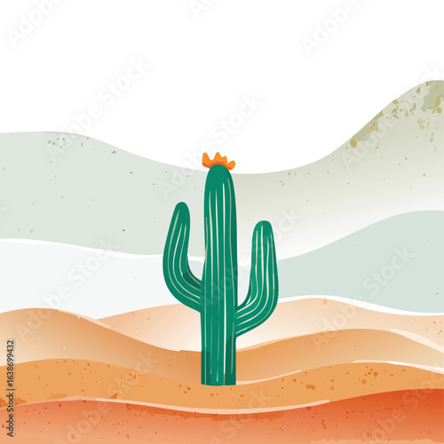Scenic desert landscape with tall cactus and hills, minimal vector art. Generative AI