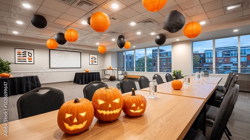 Conference room decorated for halloween with jack-o'-lanterns and paper lanterns