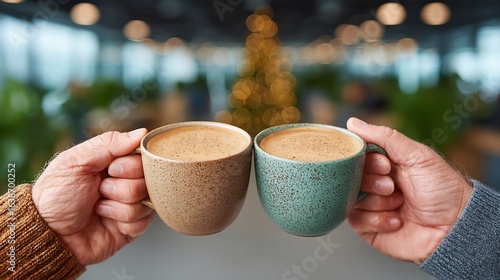 Two hands holding coffee cups in an office setting with christmas tree