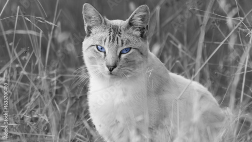 Photography A wild cat with striking blue eyes, its face and fur in a grayscale tone, sits among tall grasses