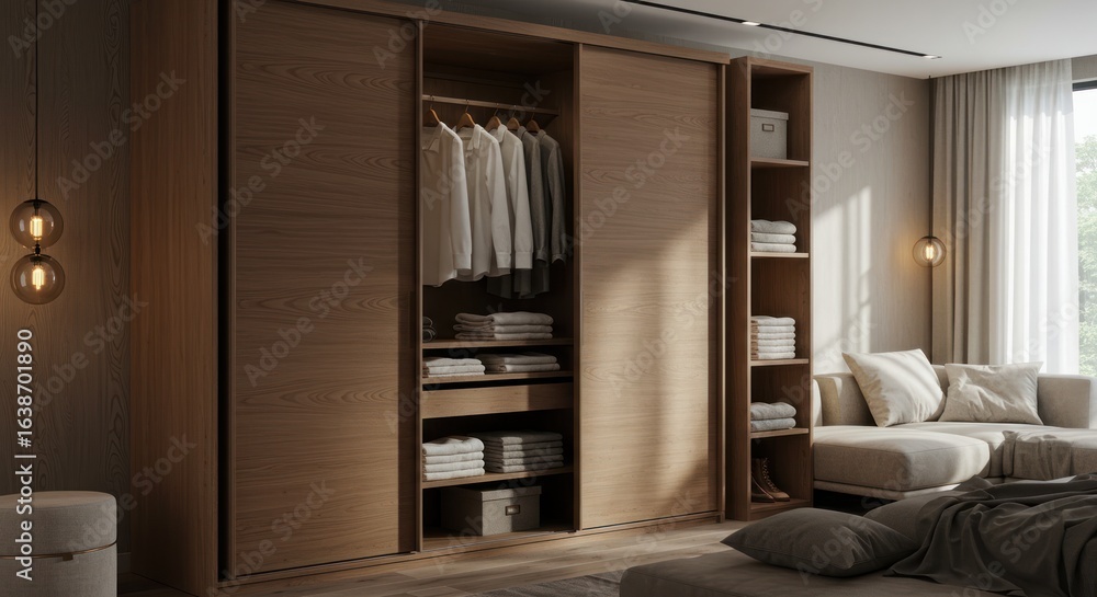Fototapeta premium A modern bedroom displays a luxurious wooden closet and a comfortable neutral-toned sofa space.