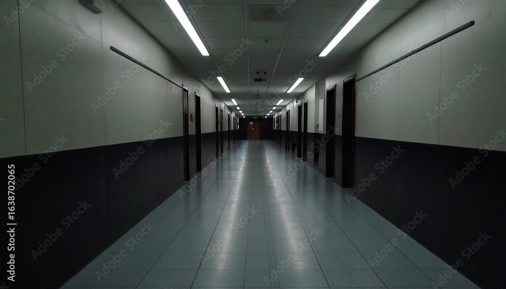 Fototapeta premium Long Empty Gray Hallway with Closed Doors and Fluorescent Lights
