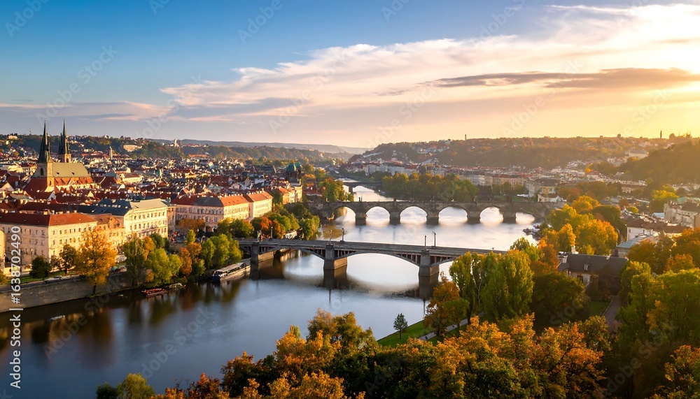 Scenic Cityscape with Orange Roofs and Bridges Over River at Sunset Scenic Cityscape with Orange Roofs and Bridges Over River at Sunset