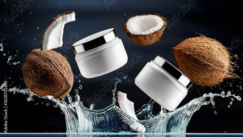 Cosmetic jars with hydrating coconut motif dynamic scene with splash of water