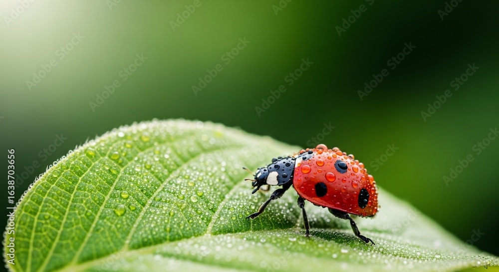 Fototapeta premium Macro shot of a red ladybug covered in water droplets on a vibrant green leaf