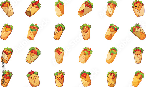 Delicious and colorful cartoon burritos with fresh ingredients and different fillings