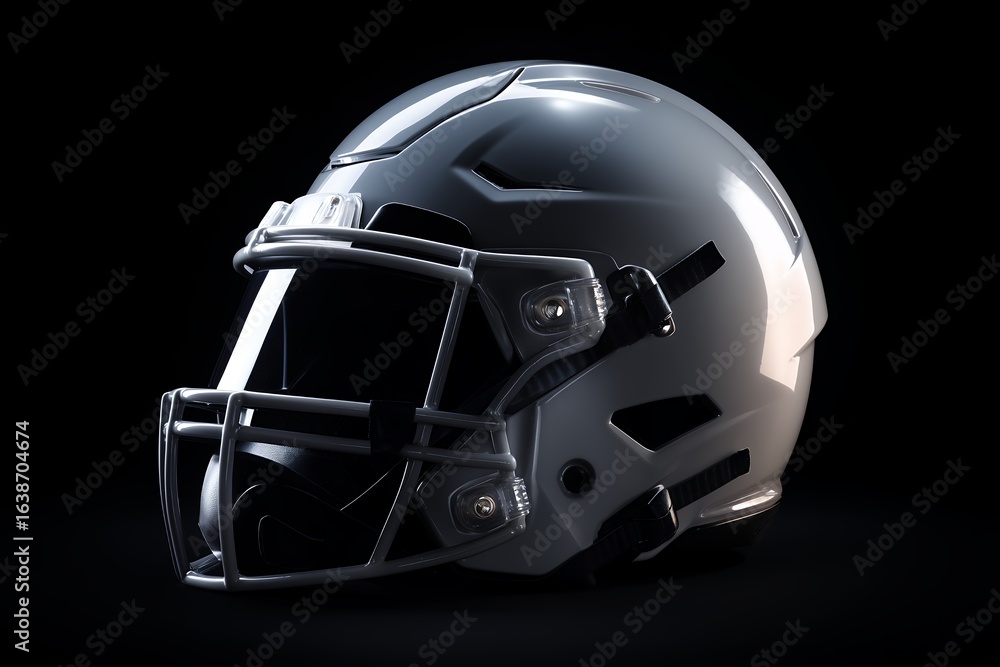Naklejka premium Close-up shot of a metallic silver American football helmet on a dark background. Concept for competitive sports, game equipment, and athletic protection design