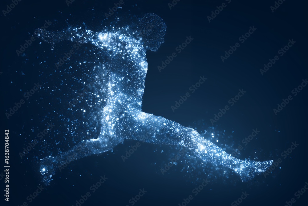 Fototapeta premium Abstract image of a human figure leaping made of glowing particles on dark background, concept for energy, power and performance visualization