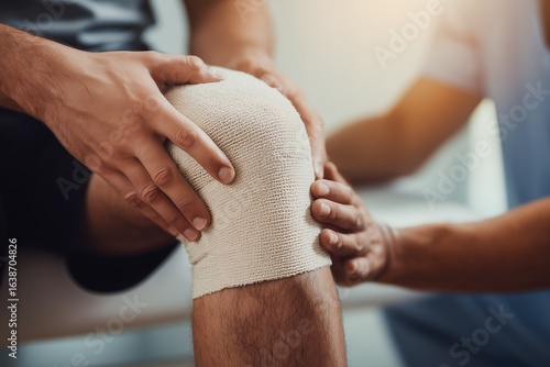 Fototapeta Naklejka Na Ścianę i Meble -  Close up of male knee wrapped with bandage, hands applying pressure on it, concept for injury recovery, sports medicine, and healthcare support