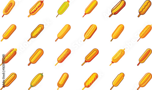 Assortment of various delicious corn dogs on sticks cartoon illustration for food concepts