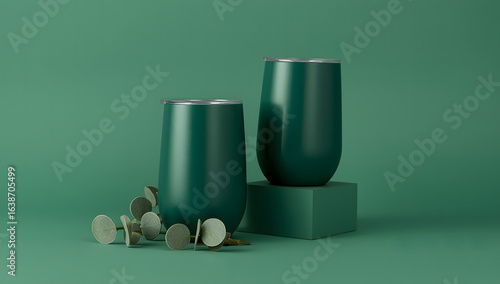 Wallpaper Mural Two teal stainless steel wine tumblers displayed on a green background with eucalyptus sprigs. Torontodigital.ca